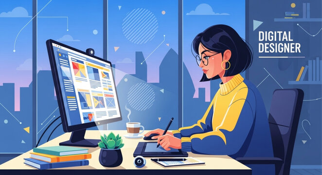 Digital Designer at Work - Focused Woman Using Graphics Tablet and Computer.
