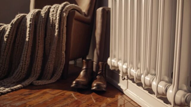 Old radiator with knit blanket, vintage radiator warming hardwood floor, chunky knit throw draped over chair, leather boots beside baseboard, intimate hygge scene evoking winter comfort and nostalgia.