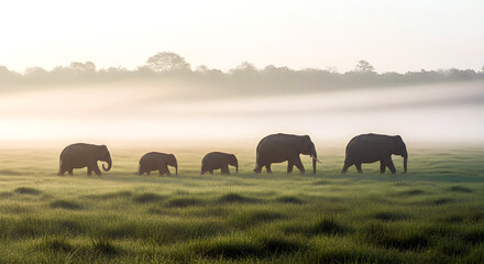 Fototapeta premium Realistic Morning Elephants in Kaziranga