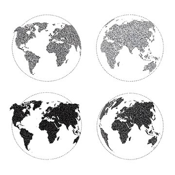 Four stylized world map globes, in varying shades of black and gray, against white