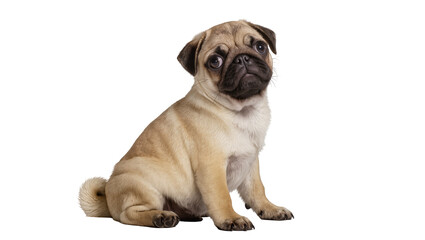 Obraz premium Adorable fawn pug puppy sitting calmly, looking inquisitively at the camera with big dark eyes