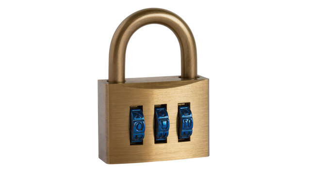 Solid brass combination padlock featuring three blue code dials for enhanced security