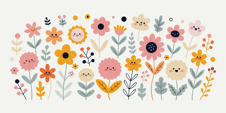 Collection of cheerful cartoon flowers with happy faces creates a lighthearted display on a neutral background providing abundant gentle copy space for messages.