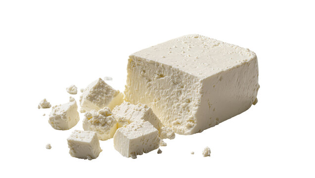 Authentic Greek feta cheese block with scattered crumbs and smaller pieces, dairy food.