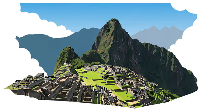 Vector illustration of the Machu Picchu Inca ruins in Peru featuring Huayna Picchu mountain and the ancient stone citadel structures with agricultural terraces under a blue sky.