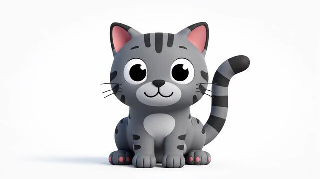 Cute Gray Tabby Cat Cartoon Illustration with Big Eyes and Stripes on White Background