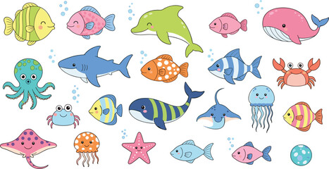 Collection of cute sea animals vector illustrations including fish shark whale dolphin octopus crab jellyfish and starfish characters set © Mifta