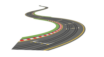 Fototapeta premium Winding asphalt race track with dramatic S-curve turns, tire skid marks, red and white curb rumble strips, and yellow lane markings isolated on white background perspective view.
