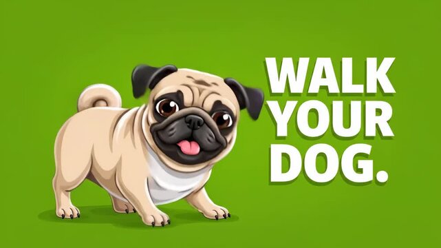 Cute Cartoon Pug Dog Illustration with 'Walk Your Dog' Slogan. Happy pet on a vibrant green background, promoting dog activity.