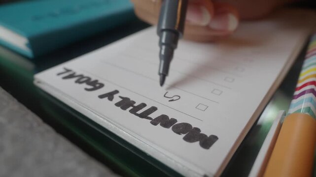 Close up of person writing daily tasks in monthly goal planner on office desk.