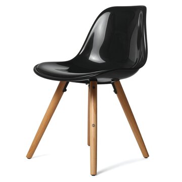 A shiny black chair with wooden legs