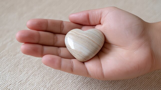 Positive self-affirmation moment, holding a heart-shaped stone, soft natural lighting, neutral beige or cream background, cozy atmosphere, natural skin tones, cinematic mood with clean composition,