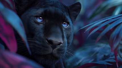 Futuristic black panther portrait with glowing eyes in neon jungle, cyberpunk wildlife scene with vibrant blue and purple lighting and dramatic atmosphere