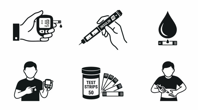 Vector icons of diabetes care including blood glucose testing, insulin injection, test strips, monitoring devices, and patient self-management for medical education and healthcare design