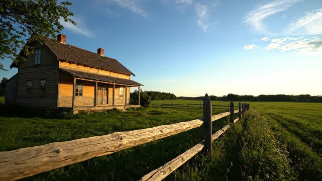 Rustic wooden house in a vast green field with a split rail fence under a blue sky