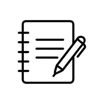 Notebook with pen outline icon symbol representing writing or note taking