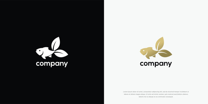 Modern Fish and Leaf Logo Design Concept in Gold and White Variations