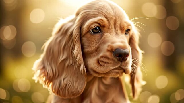 Adorable cocker spaniel puppy portrait with golden bokeh background