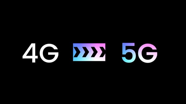 The text four G is connected to five G by a series of blue arrows to symbolize the fast transition and upgrade between different network generations