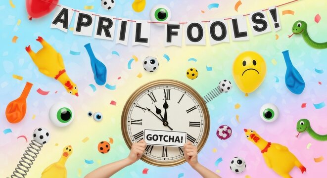 April Fools Day theme Prank Toys design Funny Gag items background Colorful Party celebration Wacky Joke objects cutout Silly Novelty collection Joyful Trick design Wallpaper Background image