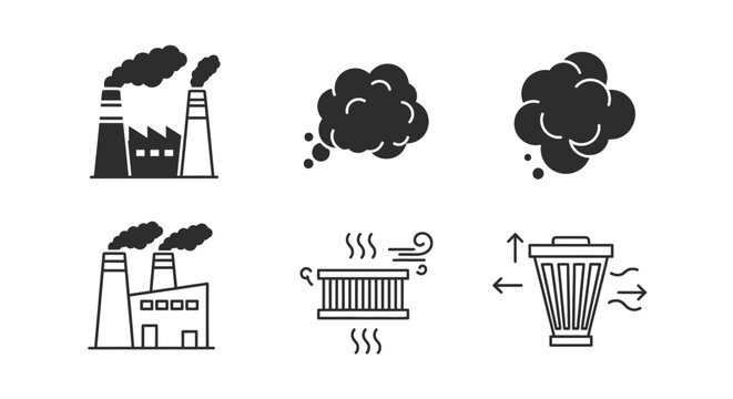Industrial pollution smoke emission icons.