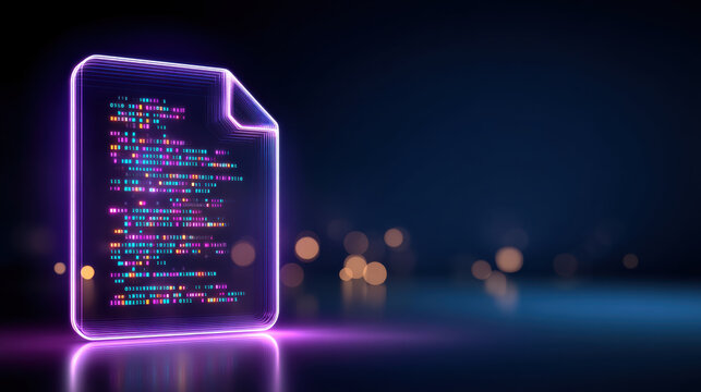 Neon code document data glowing futuristic hologram with bokeh city lights at night