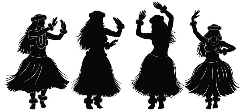 Vector graphic illustration of traditional Hawaiian hula dancers in graceful island silhouettes.