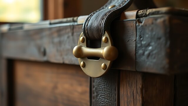 hasp. A heavy brass hasp fastened on the leather strap of an aged wooden crate. real-estate listings, architecture portfolios, designed for interior renovation comparisons for interiors.
