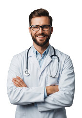 Fototapeta premium A smiling young caucasian male doctor with a beard and glasses wearing a labcoat and stethoscope with arms crossed on gray backdrop professional atmosphere