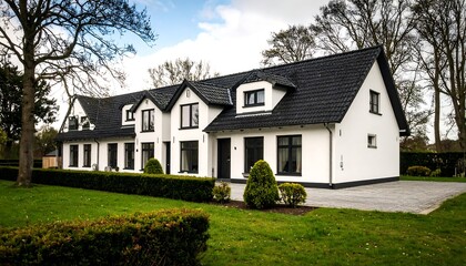 Obraz premium Modern white house with black roof and well manicured lawn and hedges