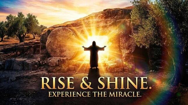 Sacred triumph display: divine resurrection, empty tomb, Jesus Christ, light rising, spirit revival, Easter victory, Lord savior, future hope.