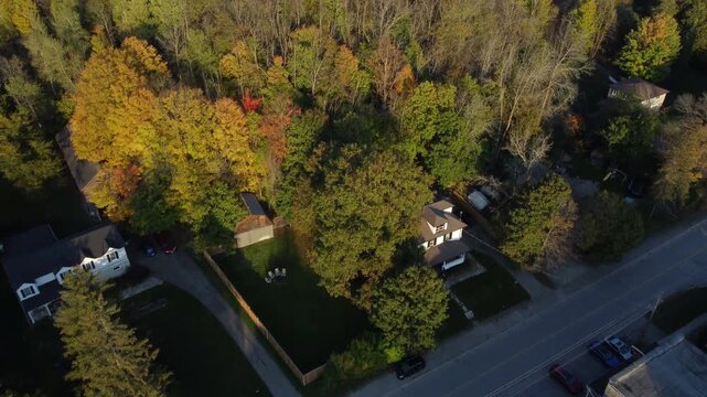 Aerial over Creditview Road as it passes through Cheltenham, in Caldeon, Ontario, Canada on an autumn late afternoon. Flying onward over wheat or corn fields.