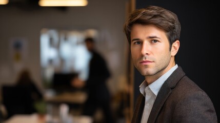 Fototapeta premium leader. A confident young professional in a modern workspace, exuding competence and contemporary work ethics. lifestyle magazines. 