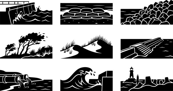 Coastal Protection Icons. Outline icon set of coastal protection elements: seawall, sandbags, breakwater,
