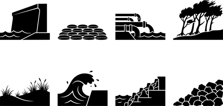 Coastal Protection Icons. Outline icon set of coastal protection elements: seawall, sandbags, breakwater,
