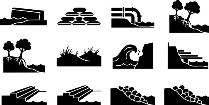 Coastal Protection Icons. Outline icon set of coastal protection elements: seawall, sandbags, breakwater,
