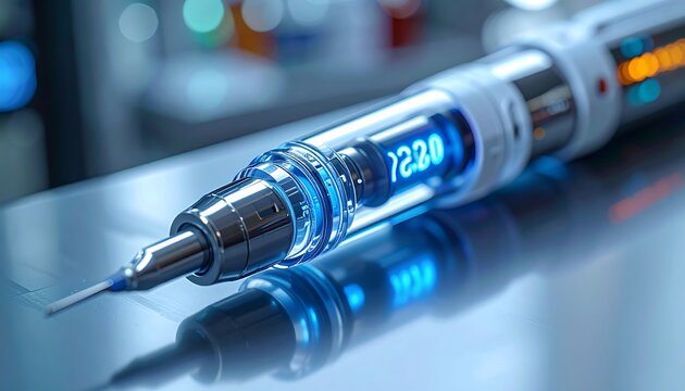 Close-up of modern injector pen device