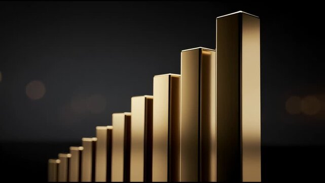 Sleek golden bar graph rising smoothly glowing softly on dark background business growth concept