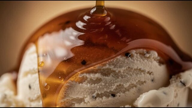 Smooth caramel sauce slowly drizzling over creamy cookies and cream ice cream dessert
