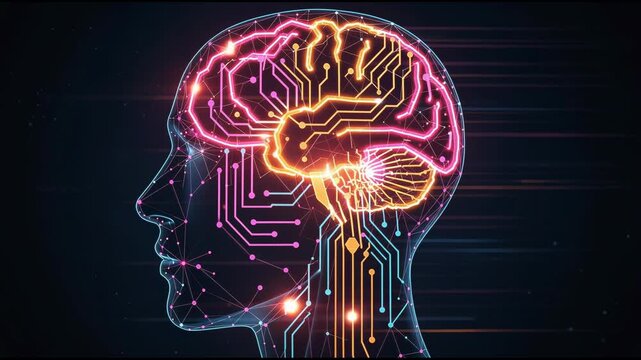 Neon lit digital brain inside human head with flowing circuitry and pulsing futuristic technology animation