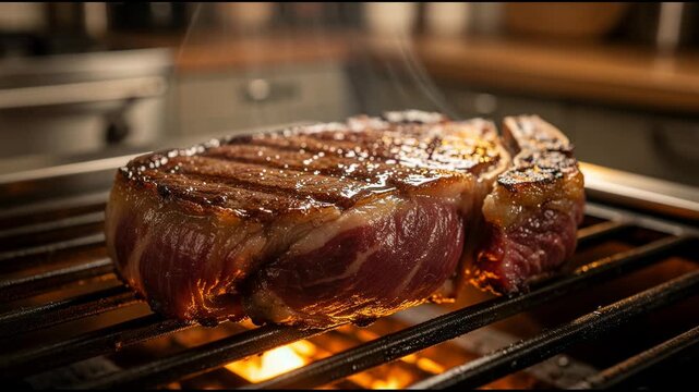 Thick juicy steak sizzling on a hot grill with steam rising delicious barbecue cooking closeup