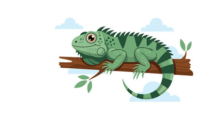Obraz premium Green iguana resting on a wooden branch with blue clouds in the background, illustrated in a friendly cartoon style.