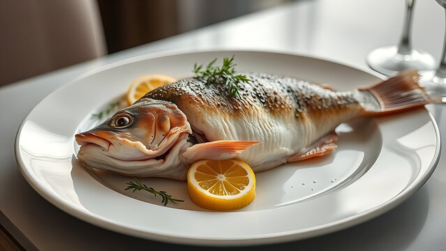 turbot. A cooked whole turbot on a white porcelain plate with lemon slices and fresh herbs. menu design, packaging mockups, designed for culinary blogs and recipe cards for restaurants.
