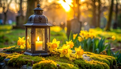 Fototapeta premium Illuminated candle inside a lantern, with daffodils and soft light in a graveyard scene