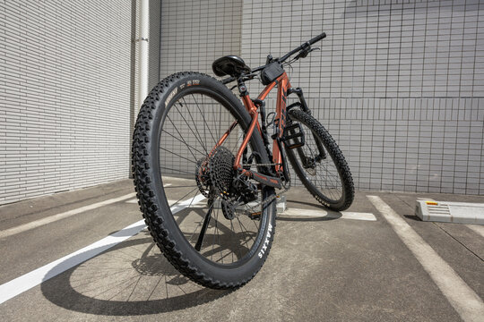 Wide-angle rear view parked Trek Marlin XC bike in lot. Highlights knobby Maxxis Ardent tires, 1x drivetrain and rear cassette, and sleek Pennyflake colored frame. March 24, 2026 in Nagoya, Japan.