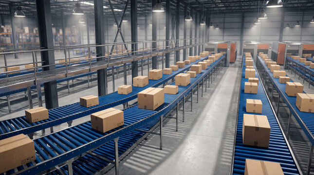 Brown cardboard boxes moving along blue automated conveyor belts in a modern, efficient warehouse or distribution center. Industrial logistics concept