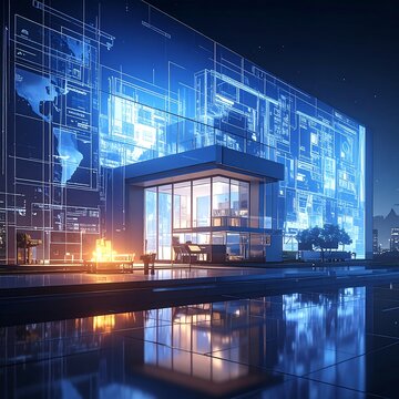 Futuristic building design with digital overlay and world map projections at night