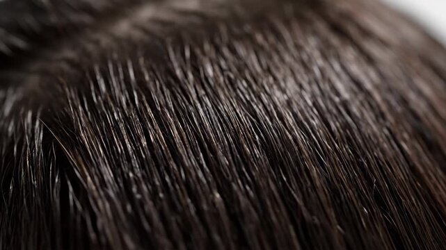 Close-up of dark wet hair being combed for healthy and shiny look