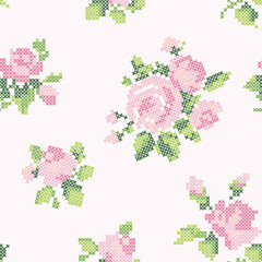 Seamless Pattern Pink Roses Cross Stitch Floral Embroidery Luxury Nursery Soft Baby Background Vector © Zenina-Lembrik