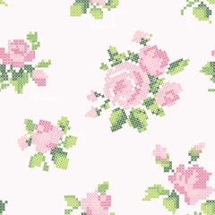 Seamless Pattern Pink Roses Cross Stitch Floral Embroidery Luxury Nursery Soft Baby Background Vector © Zenina-Lembrik